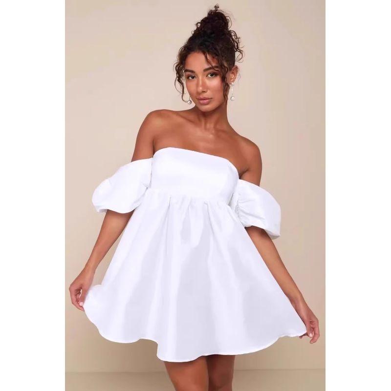 

Foreign Trade Order Lu s Summer New Vacation Style off-Neck Puff sleeve Design Bright Silk Big Hemline White Dress High cold white 2XL