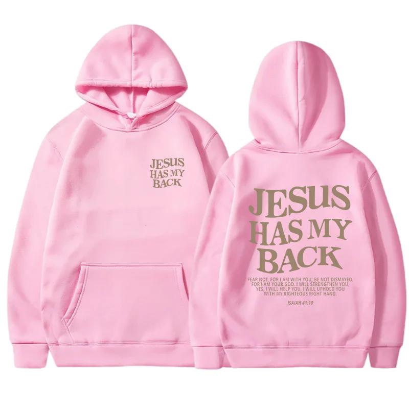 JESUS HAS MY BACK Velvet Hoodie Plain English Letter Slogan Print Kangaroo Pocket Drawstring Print Hoodie