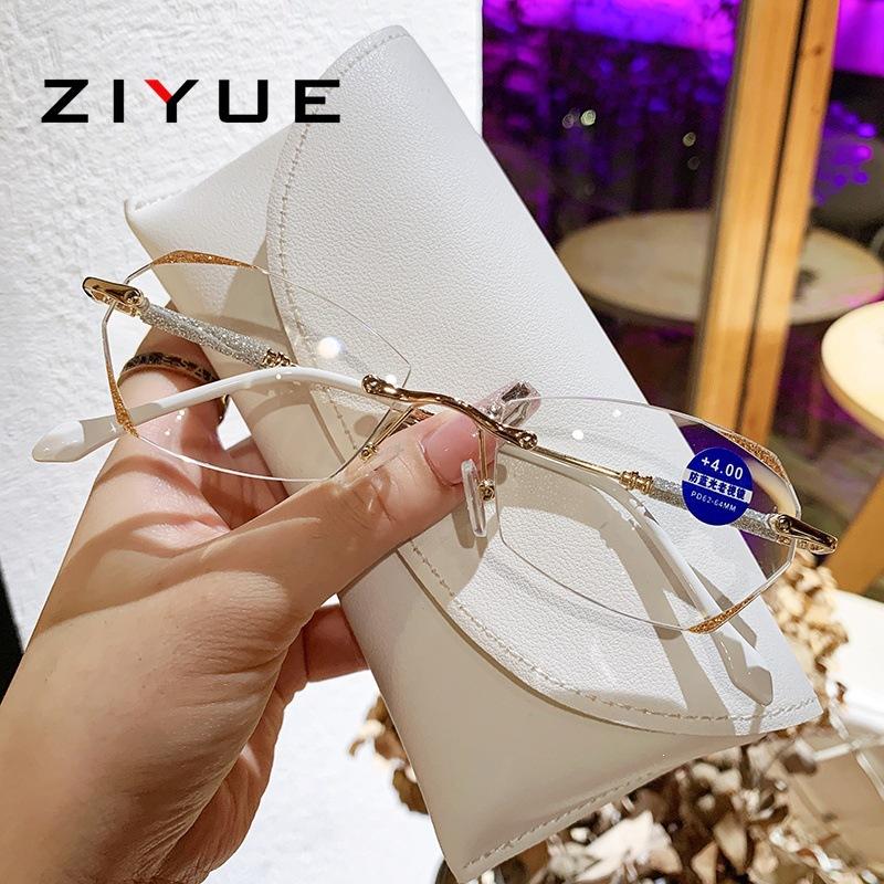 Fashion Diamond Trimmed Frameless Reading Glasses Women's Middle-aged and Elderly Anti-Blue Light Reading Glasses Polygonal Simple Glasses Frame
