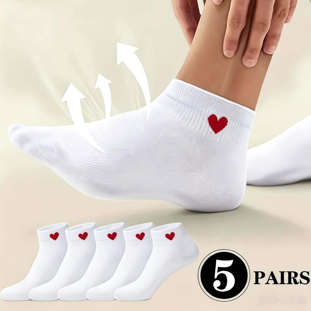 5 Pairs White Heart Breathable Low-Cut Summer Boat Socks, Suitable for Women And Men, Lightweight Socks, Travel Essential