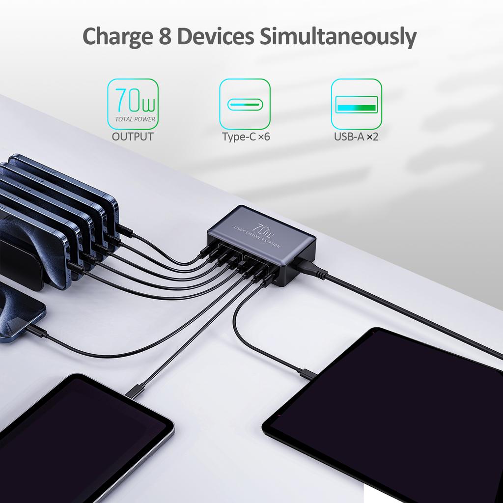 70W 8 Ports USB TypC Ladegerät Schnellladung Desktop-Ladestation Für Smartphone Kopfhörer
