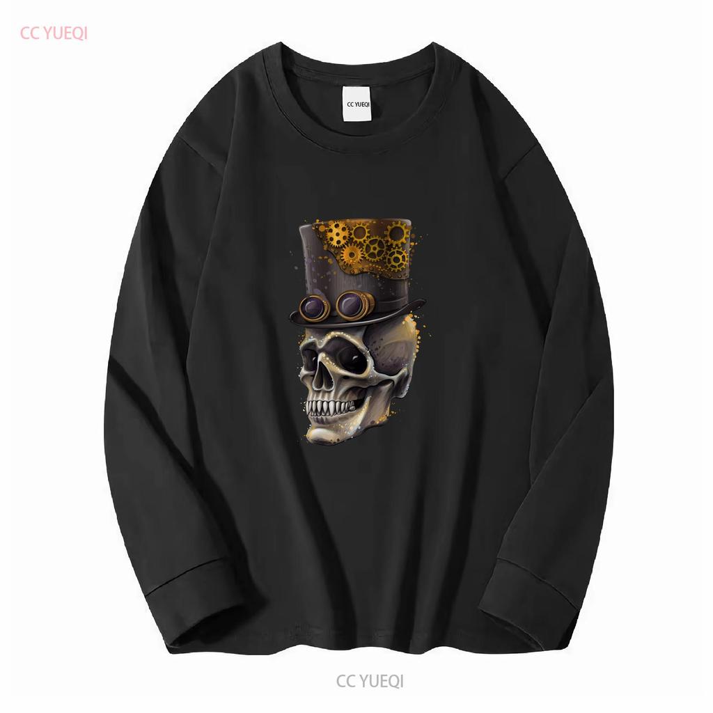 Steampunk Skull Unisexs Cotton T Shirt Top Long Or Short Sleeves Vintage Washed Versatile Top For Everyday Wear Stylish