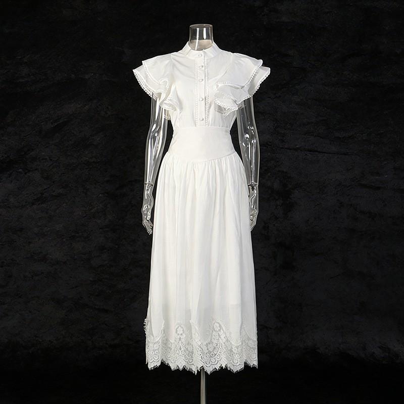 Retro Romantic Dress Set Women's Single-breasted Fly-sleeve Top + High-waist Slimming A-line Skirt