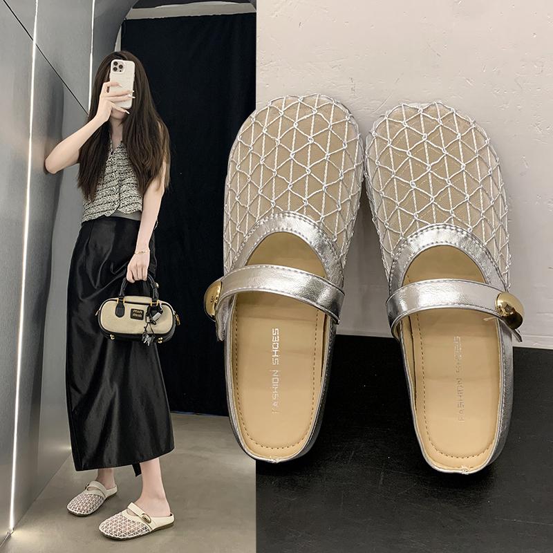 2025 Women's Flat Bottom Slip-On Sandals Summer Outdoor Wear Fisherman's Net Shoes Half Slippers Fashionable Slippers