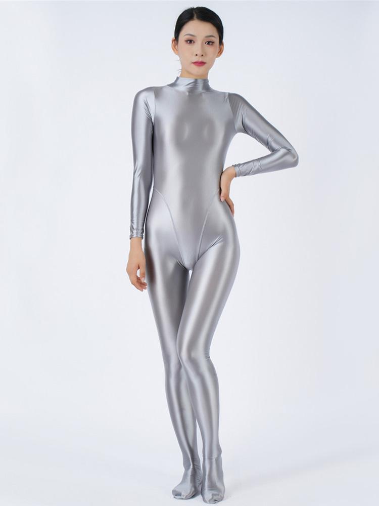 Sexy Women Stain Oil Shiny Elastic Bodysuit Shapping Romper One-Piece Thong Silky Tight Satin Jumpsuits Candy Color Maid Leotard