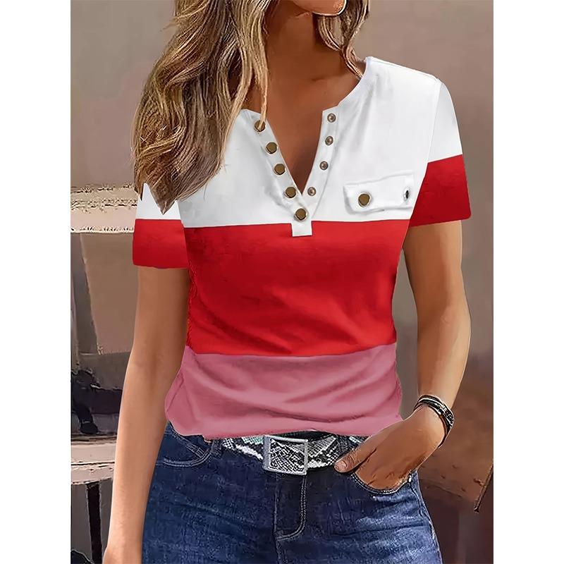 Tricou Casual Nou la Modă Patchwork Culoare Contrastantă Femei Vară Topuri cu Nasturi Tricouri Simple Femeie Elegant Mărime Plus Tricou Haine Femei 24521