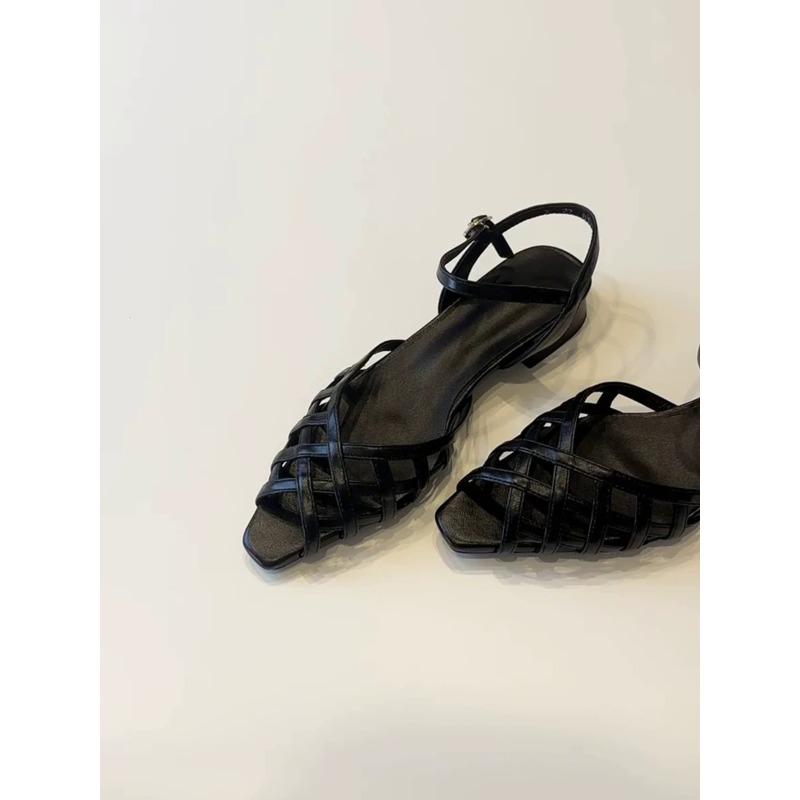 Cowhide version~ French woven hollow pointed open-toed one-word sandals women's new summer thick-heeled Roman shoes