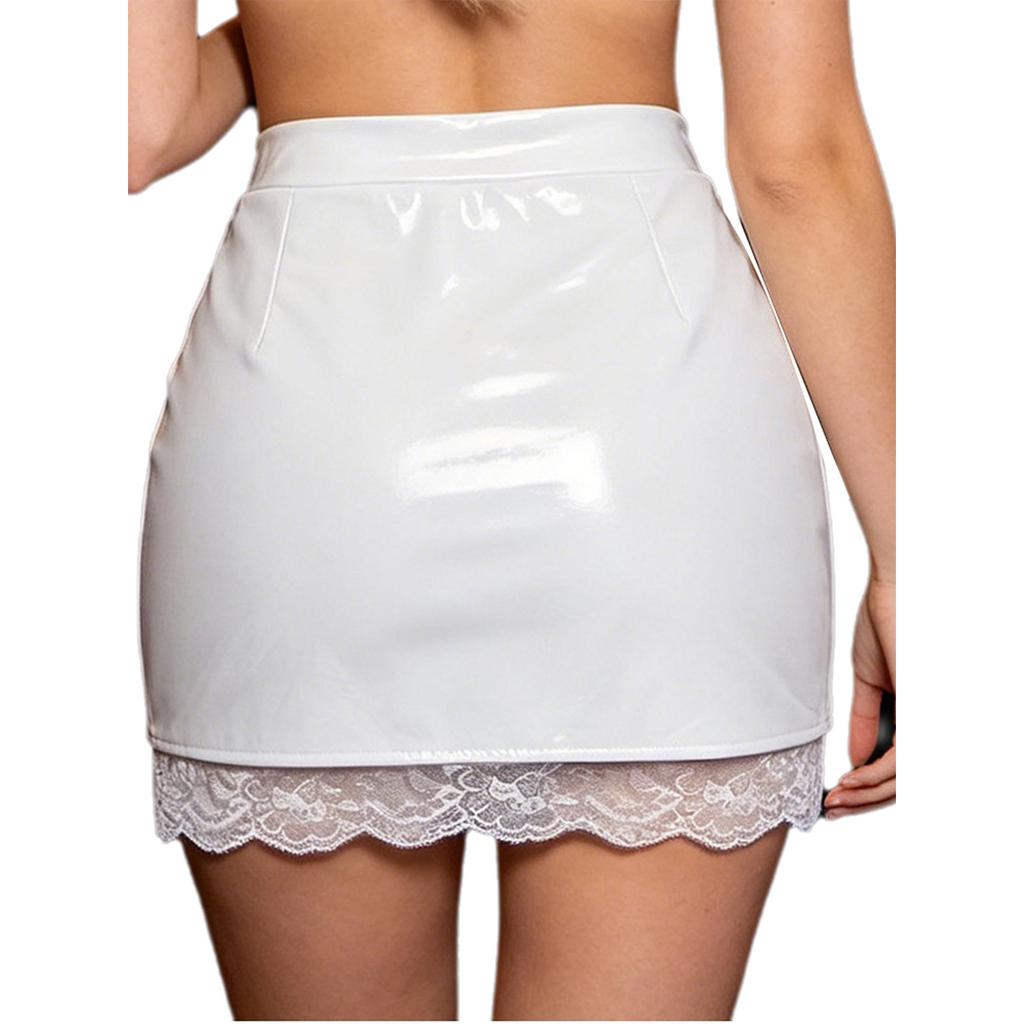 Γυναικεία Γυαλιστερό Δέρμα PU Bodycon Μίνι Φούστα Σχισμένη Άκρη Wet Look Επένδυση Δαντέλα με Φλοράλ Σχέδιο Ψηλόμεση Φούστα σε Επίπεδα