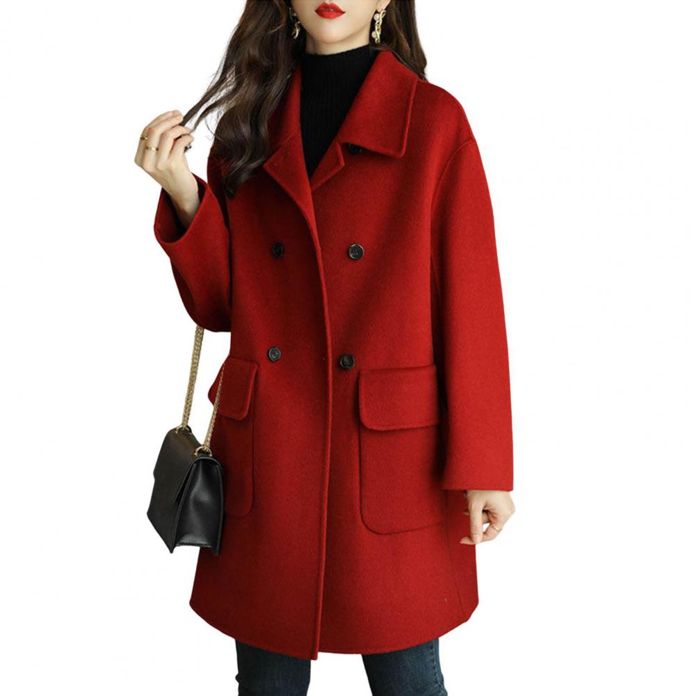 

Ladies Jacket Turn-down Collar Long Sleeves Double-breasted Windbreaker Oversized Pockets Mid Length Outside Travel Commuting Over Practical Use M красный