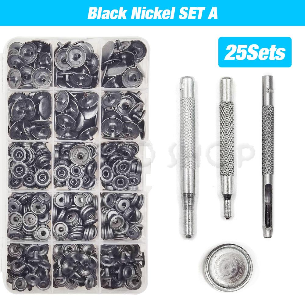 25Sets Metal Snaps Button Snap Fasteners Press Studs With 4 Installation Tools Kit For Clothes Garment Bags Shoes Leathercraft