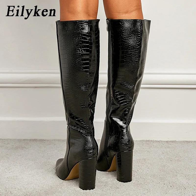 Fashion Eilyken Black Serpentine Fashion Women Knee High Boots Sexy Pointed Toe Square Heels Ladies Long Boot Zipper Female Shoes