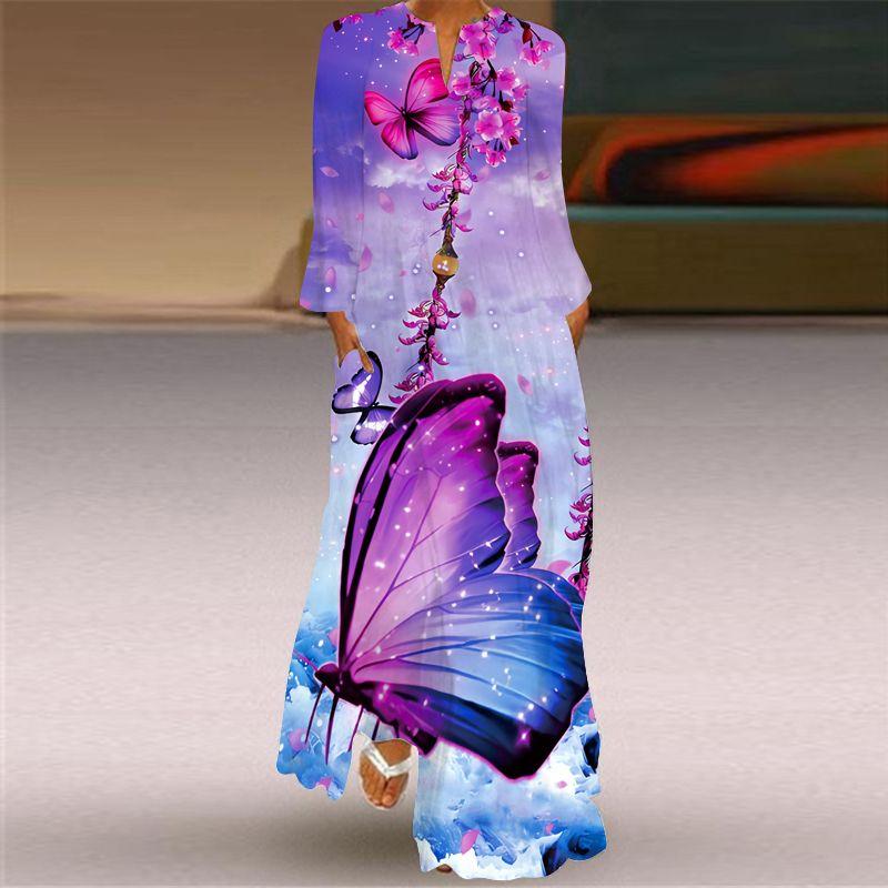Butterfly Pattern Print Long Sleeve Dress Spring/Summer Thin Silm Slim Looking Dress Stage Photo Catwalk Performance Wear