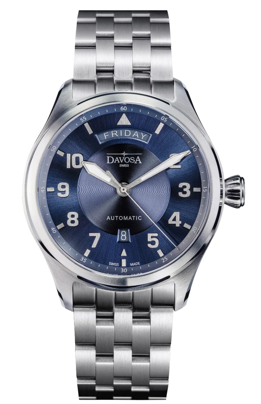 

Чоловічий механічний автоматичний годинник Newton Pilot Swiss Made Silver [Davosa] Day-Date Day-Date 161.585.40 синій