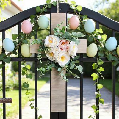 Easter Cross Wreath Door Sign,Artificial Flower Spring Greenery Leaves for Party Festival