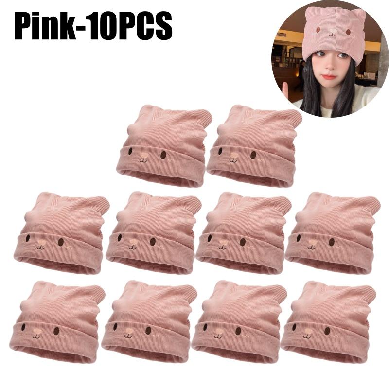 Damen Gemütliche Gestrickte Slouchy Mütze mit Entzückender Katzenohren-Stickerei Winter Warm Dehnbar Beanie für Damenmode