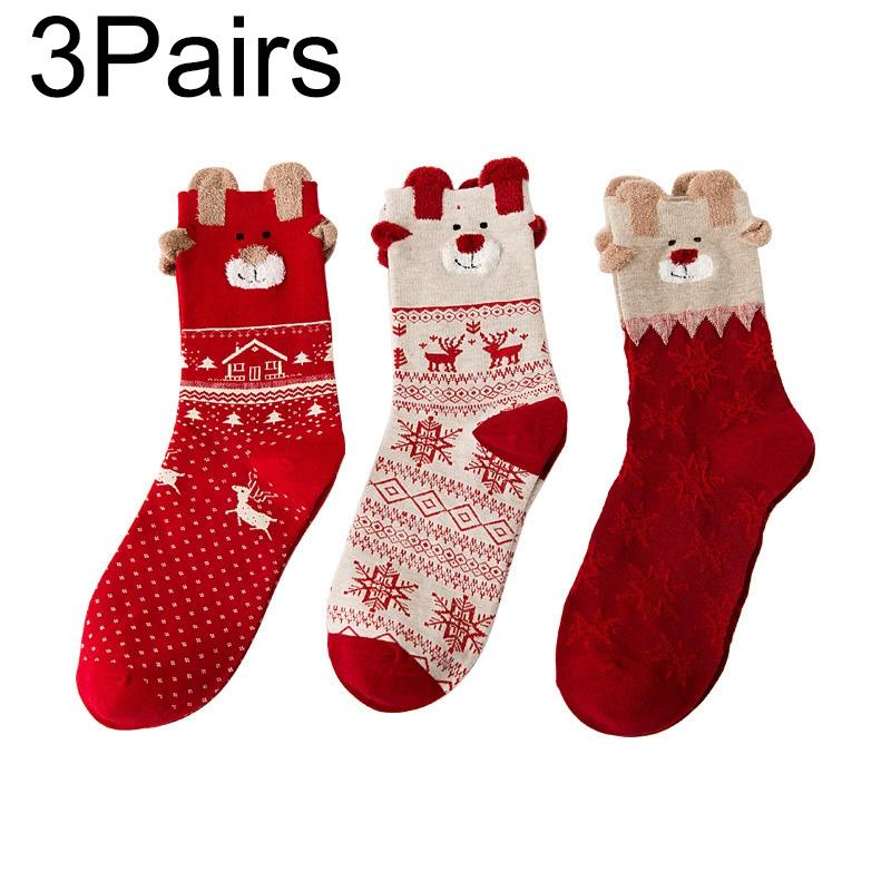 3/6 Pairs Christmas Socks Moisture Wicking Women Multi-Color Deer Stockings Cute Christmas Stockings Cartoon Design