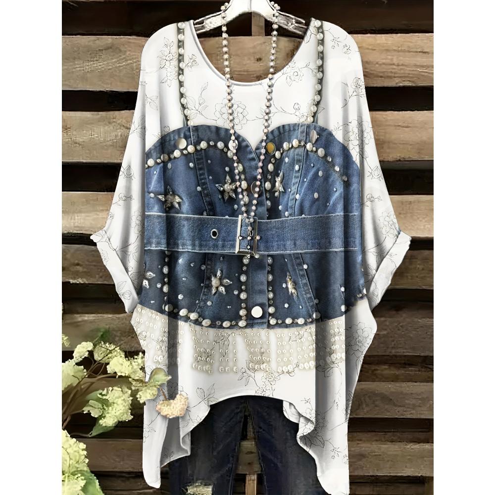 Vintage Women's T-Shirt Plaid Stripe Pattern Printedasymmetrical Hem O-Neck Short Sleeve Top Casual Fashion Street Outdoor Tops