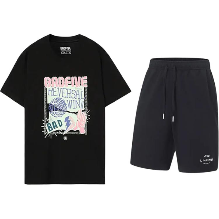 

Li-Ning Футболка с коротким рукавом и круглым вырезом с принтом на баскетбольную тематику, повседневные удобные шорты, спортивный костюм унисекс AHSU979-1+AKST543-3 L