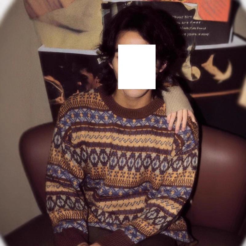 Męski Retro Japoński Zimowy Gruby Sweter Jacquardowy w Bloki Kolorystyczne - Unisex, Luźny Krój.