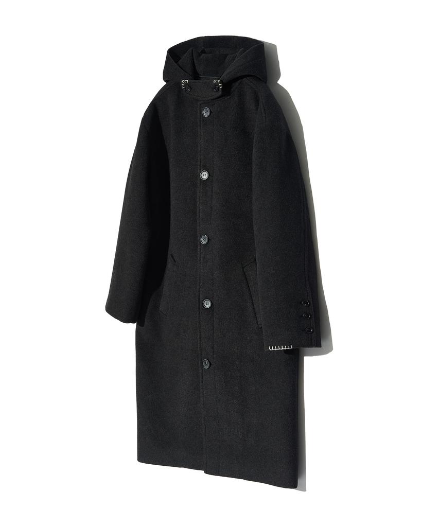 Peace Maker Hand Stitch Hoodie Maxi Wool Coat (Charcoal)