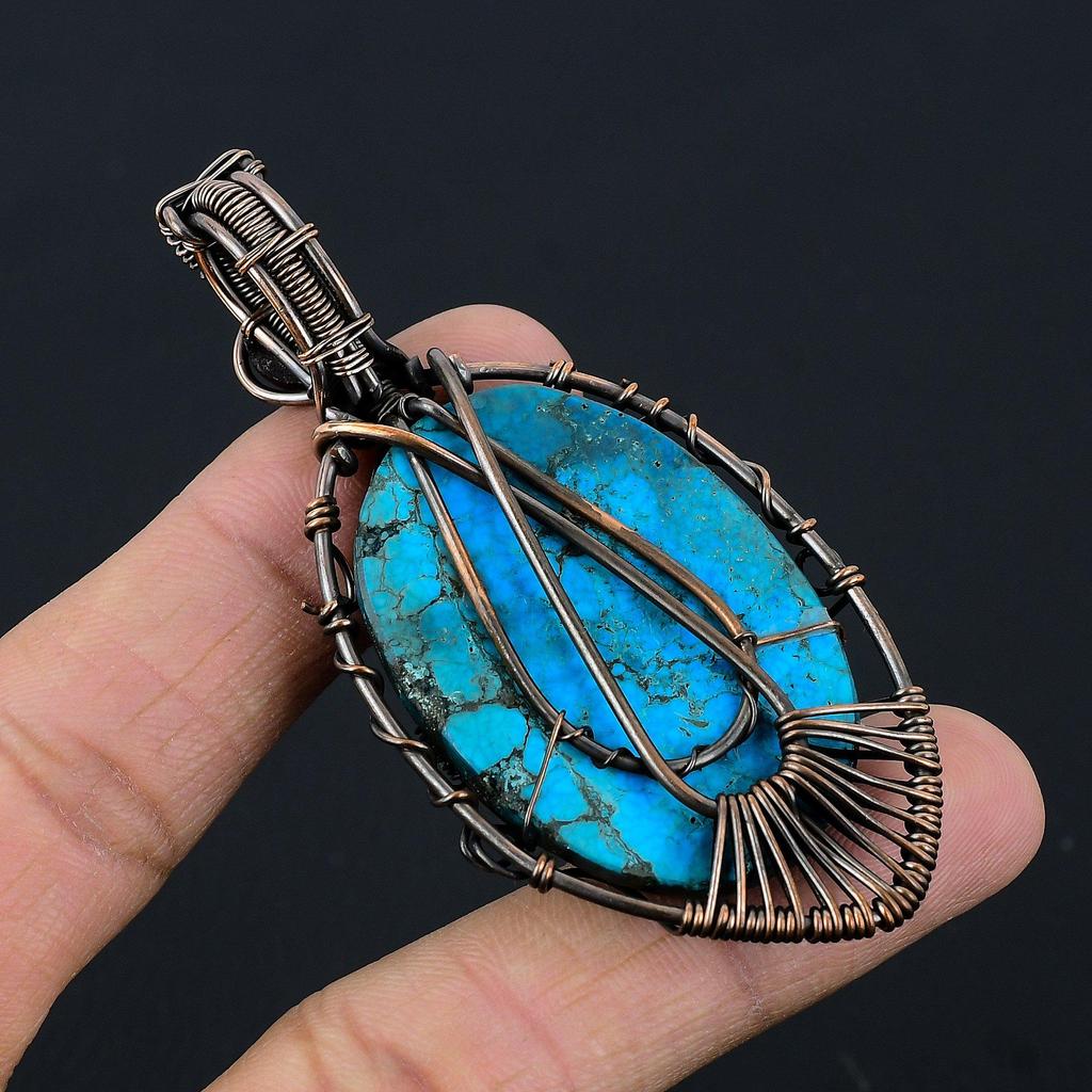 Tibetan Turquoise & Brown Evil Eye Pendant, 999 Copper Wire Wrapped Gemstone Jewelry, Handmade Pendant, For Thanksgiving