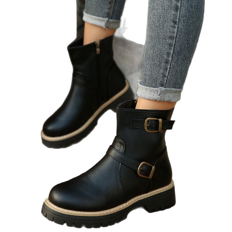 Botines de Tobillo de Punta Redonda de Ancho Especial para Mujer, Botas Martin de Plataforma Estilo Británico, Botas de Montar Finas con Cremallera Lateral para Mujer