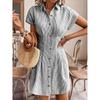 Fashion Fashion Commuter Ol Single-Breasted Blue Stripes Cardigan Casual Shoulder Short Sleeve Shirt Dress Dress