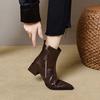 Soft Leather Thick Heel Short Boots Women's Pointed Middle Heel Thin Boots Velvet Women's Shoes Winter New Cotton Leather Shoes Martin Boots
