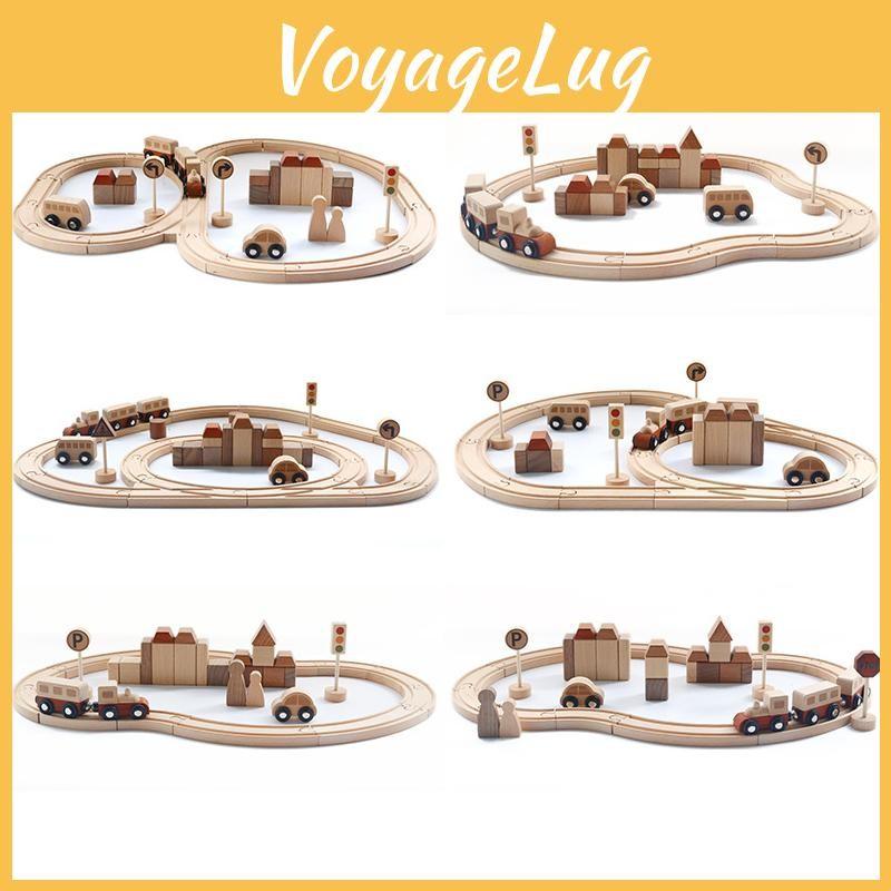 Wooden Fun City Transportation Train Track Assembly Building Blocks Kid Toy Set