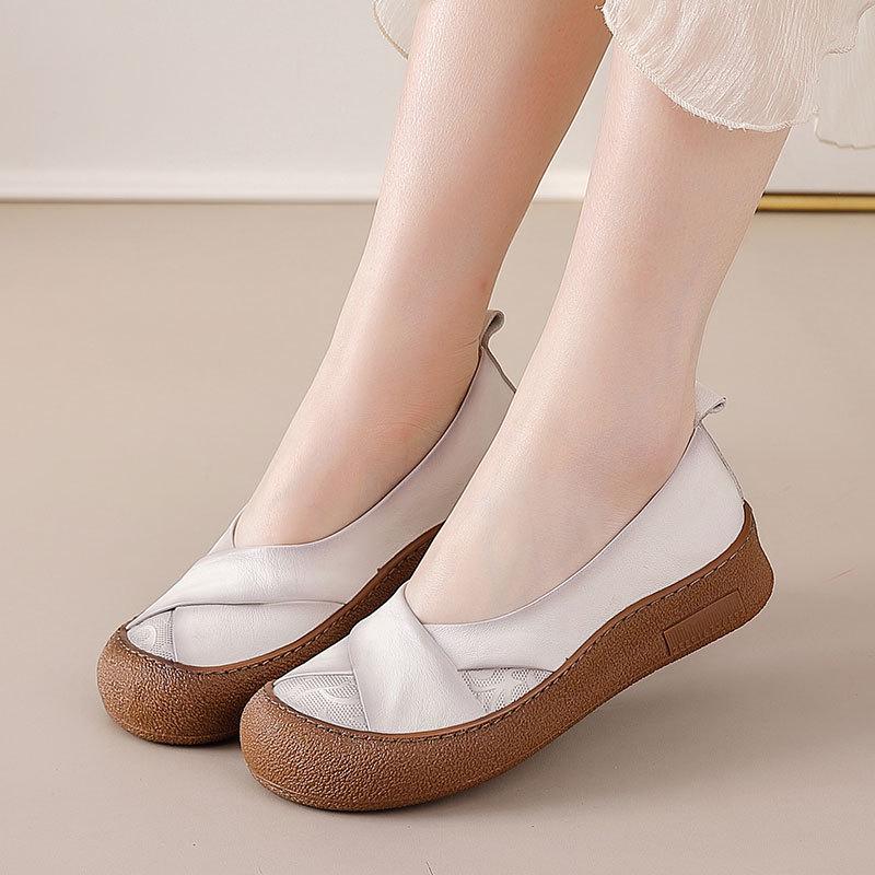 Spring Cowhide Low-Cut Soft Sole Round Toe Retro Women's Casual Shoes