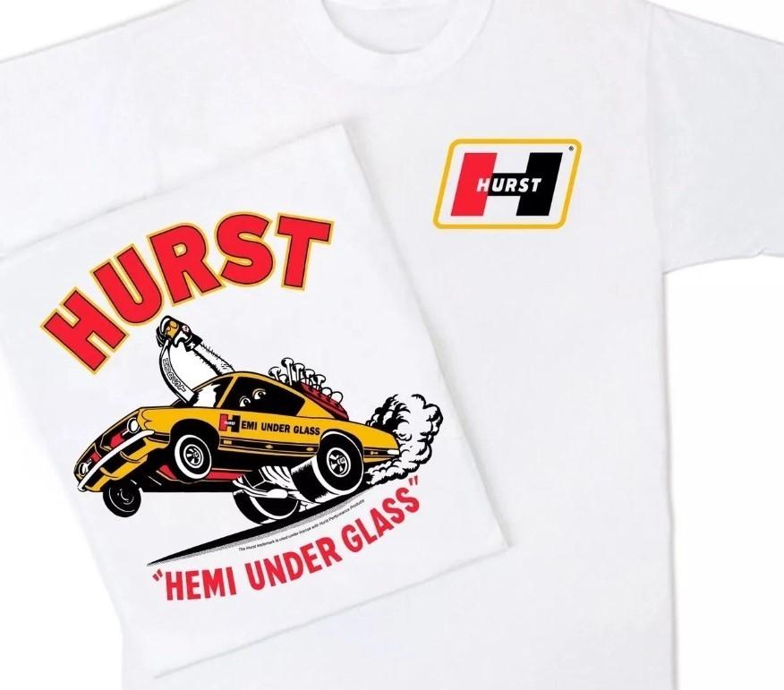 Hurst HEMI UNDER GLASS (45) Classic Design Mens T shirt Mopar NHRA Drag Race Unisex T-Shirt XL