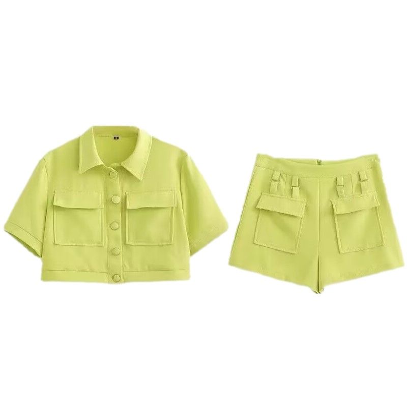 

Fashion Style 2023 Autumn New Arrival Women s Retro Lapels Pocket Decorative Short Shirt Style Outwear Cargo Pants Suit Figure L