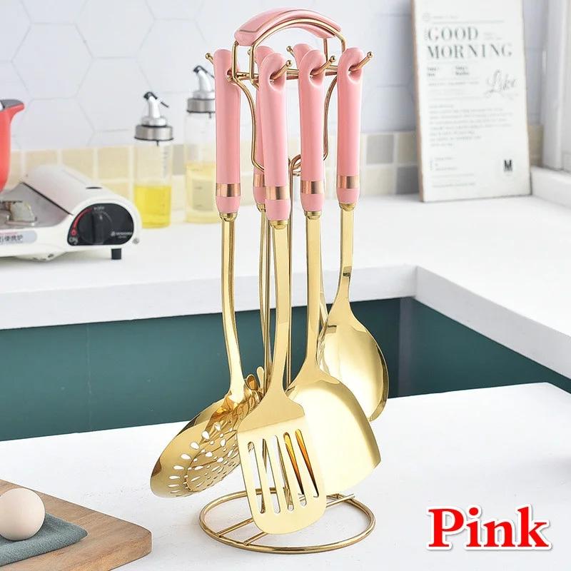 

Кухонная утварь из нержавеющей стали, набор из семи предметов, кухонная утварь, дуршлаг, суповая ложка, кухонная утварь, подарочный набор розовый