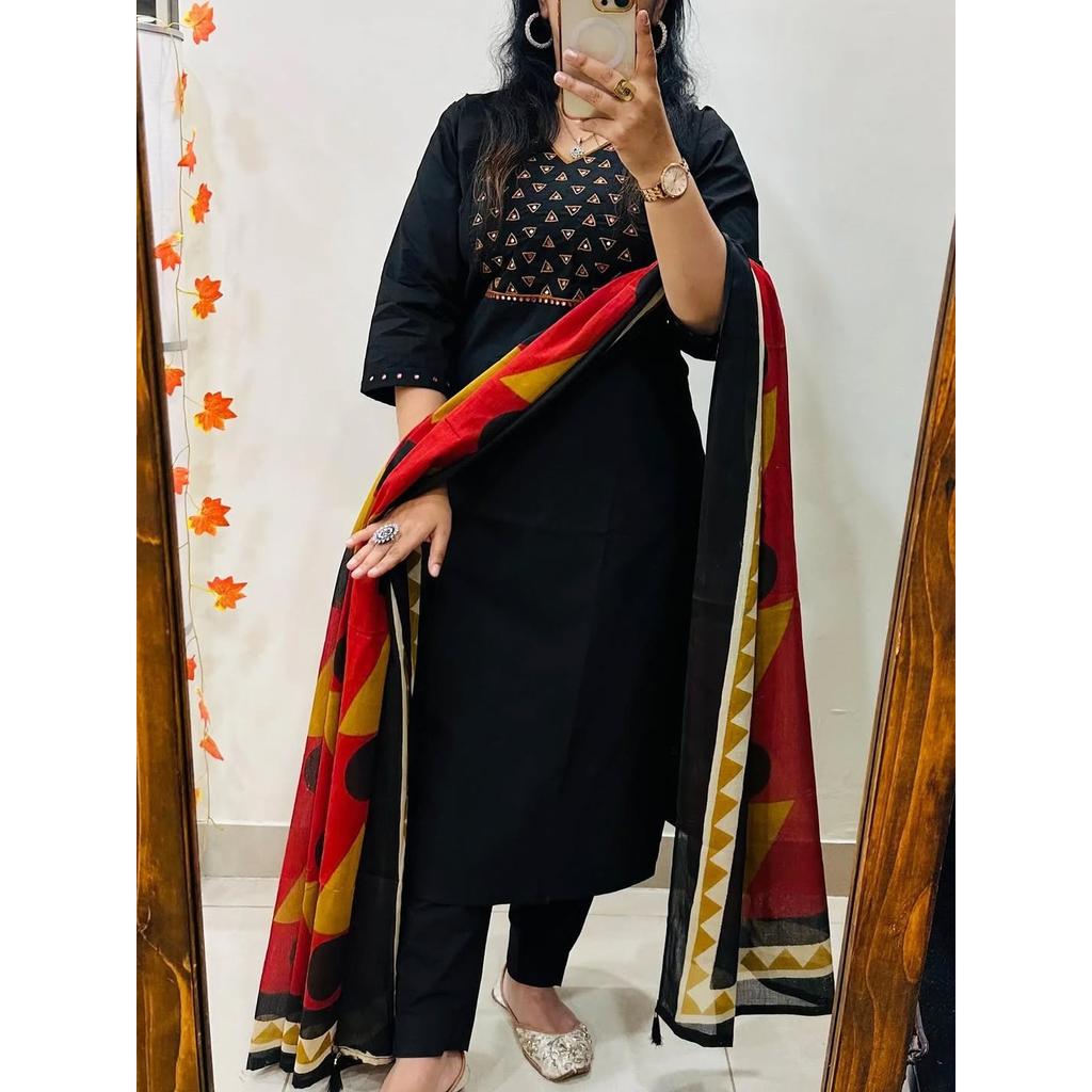 Black Heavy Cotton Ethnic Salwar Kameez Women Designer Kurta Pant Dupatta Set
