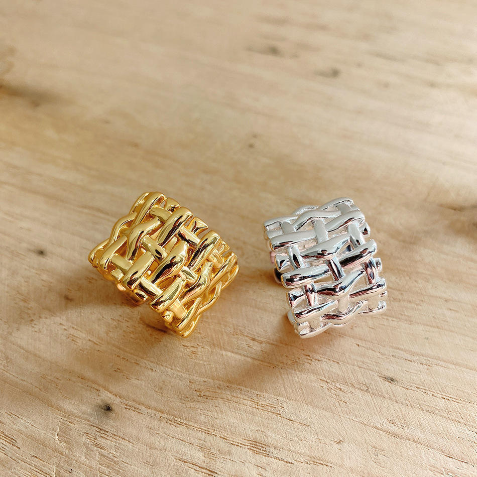 18K Gold Plated Woven Chain Ring, Stainless Steel Wide Band Statement Ring, Fashion Jewelry for Women