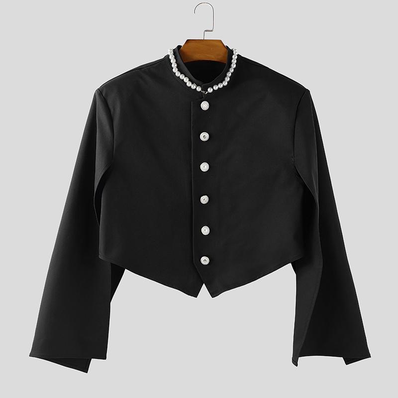 

INCERUN Мужские пальто-кейпы с бусинами, воротником-стойкой, разрезами на рукавах, пуговицами и неровным укороченным подолом S чёрный