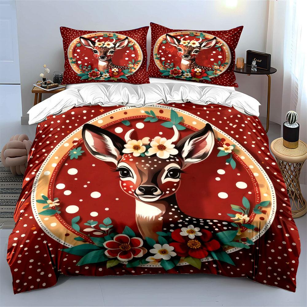 Floral Deer Art Decor Set Soft Skin-Friendly Bedding Set Includes 1 Duvet Cover And 2 Pillowcase Gift