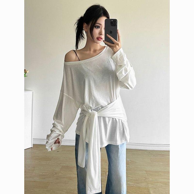 Sexy Thin See-through Long-sleeved Oversized T-shirt Women's Bandage Off The Shoulder Top Women's Basic Long T-shirt