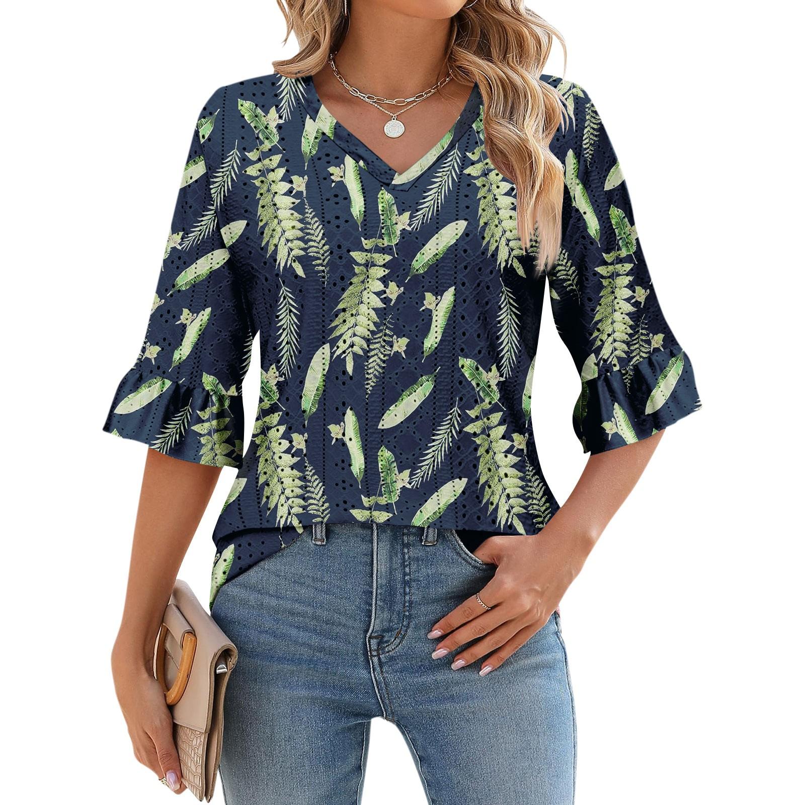 

Рубашки с рукавом 3/4 для женщин, свободная футболка с принтом, топы с v-образным вырезом и рюшами на рукавах L армия зеленый