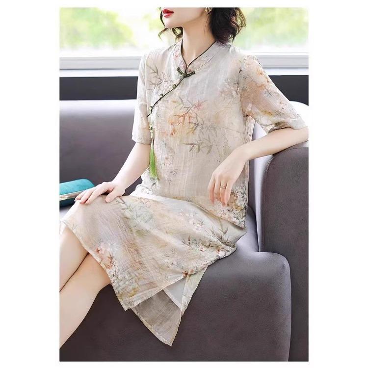 Luxury Silk Cheongsam Dress Chinese Style Modified for Women Short Sleeves Elegant Mother Dress Over Knee Length