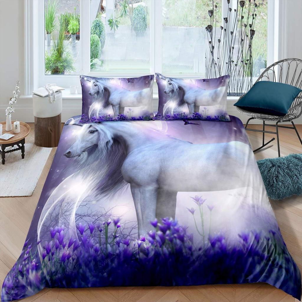 Comforter Horse Cherry Blossom Branches Lavender Purple Bedding Sets Galloping Horse Comforter 2/3Pcs