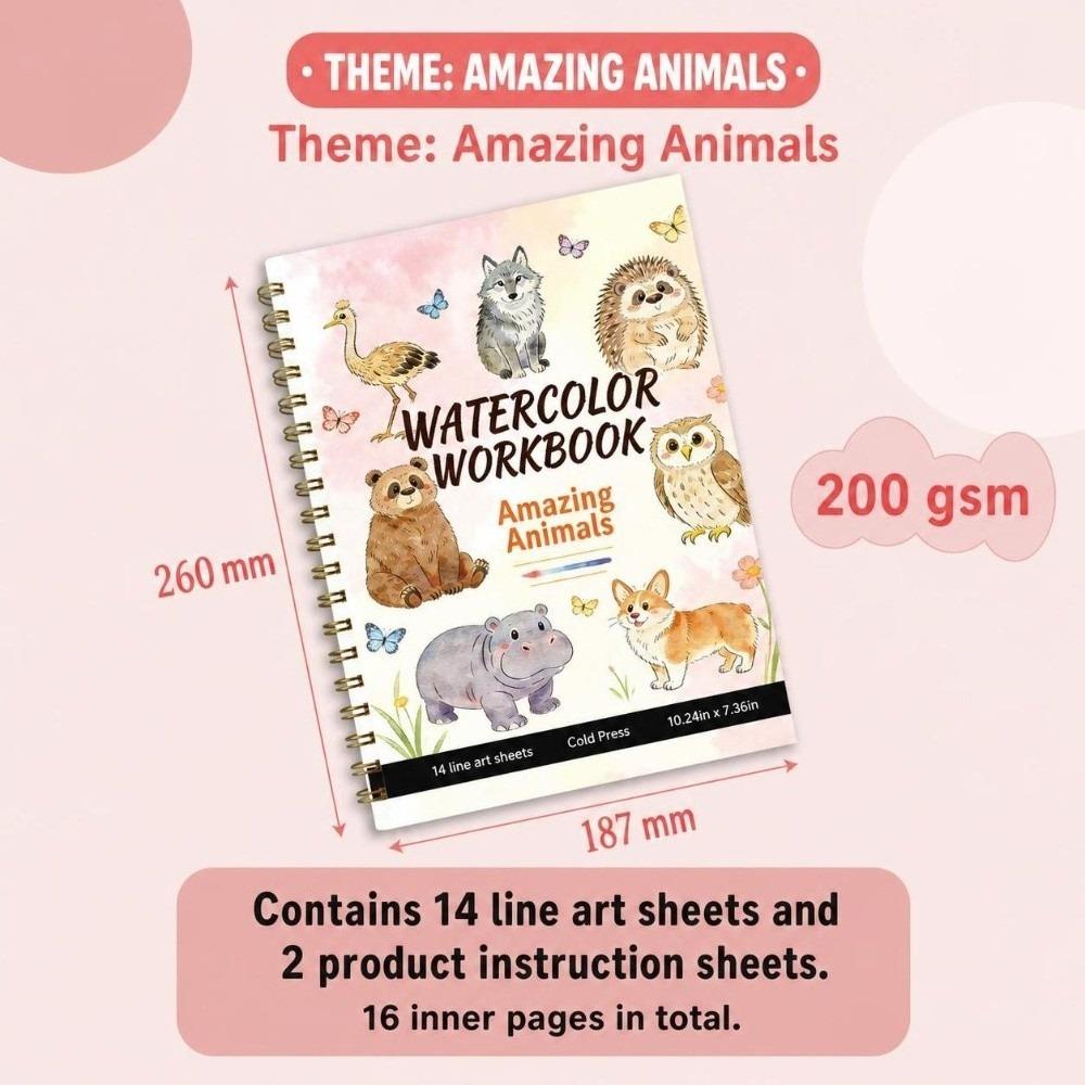 Spiral-Bound Watercolor Workbook Flower Scenery Animal Coloring Sketchbook Painting
