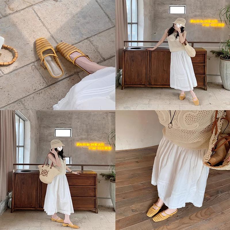 [Shei Su Yinyin] Paris vacation~ square head woven thick heel bag head Mary Jane slippers women's half drag sandals
