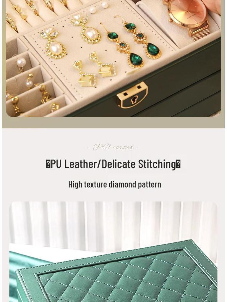 Three-Layer Leather Jewelry Box with Lock - Large Capacity, Dustproof, Multifunctional Storage