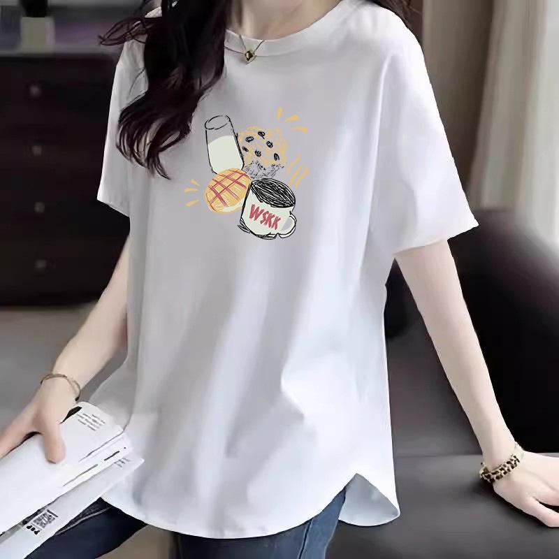 Curved Mid-Length Women's Cotton T-Shirt - Summer Cartoon Print Sleeve