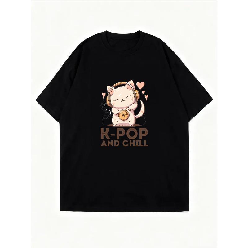 Camiseta Gráfica Linda de Gato K Pop And Chill Blanca Gato de Dibujos Animados Con Auriculares y Estampado de Rosquilla Para Ropa Casual y Amantes de la Música
