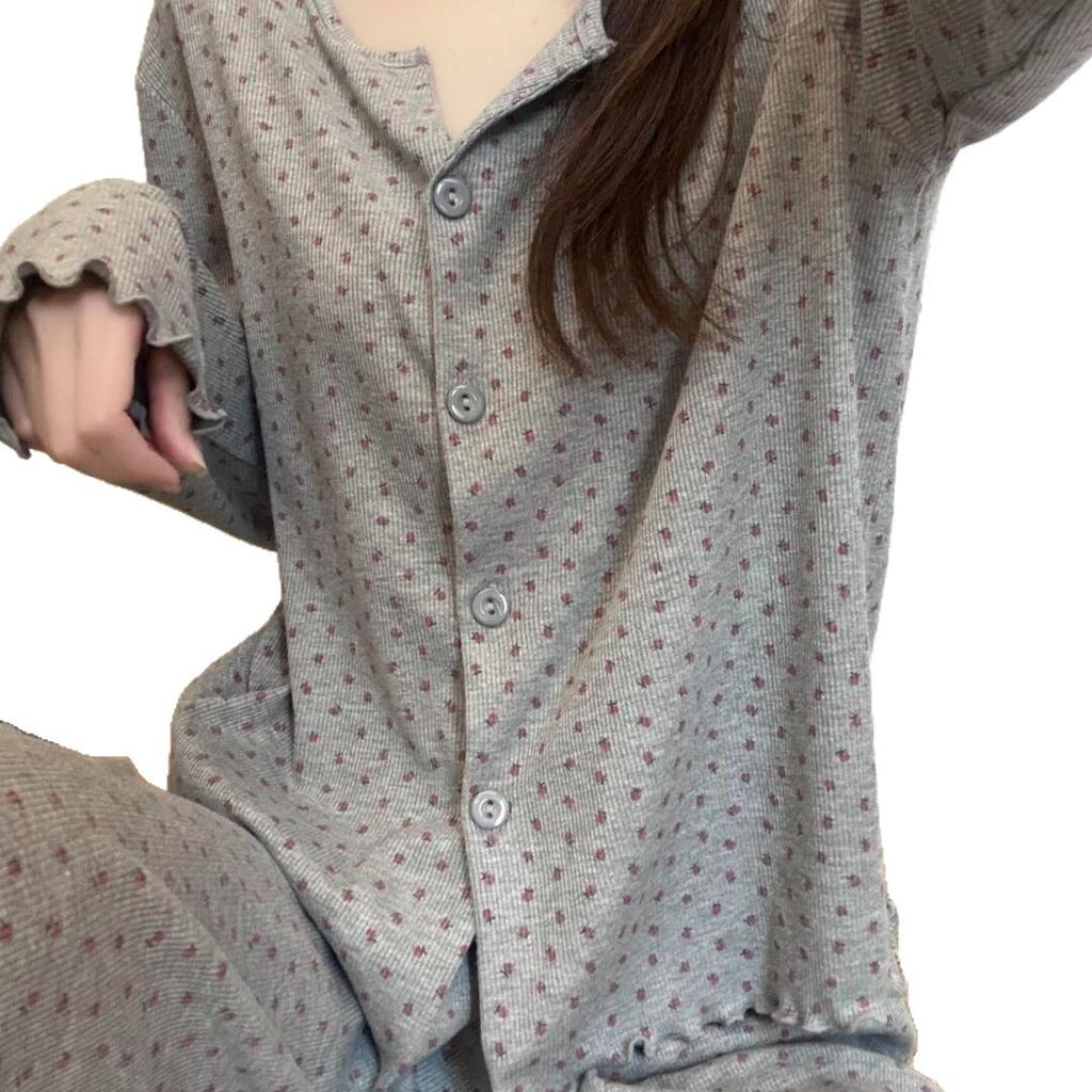 Retro Full Print Sweet Floral Pajamas Women's Summer Cardigan New Loose Loungewear Set Long Sleeve Spot