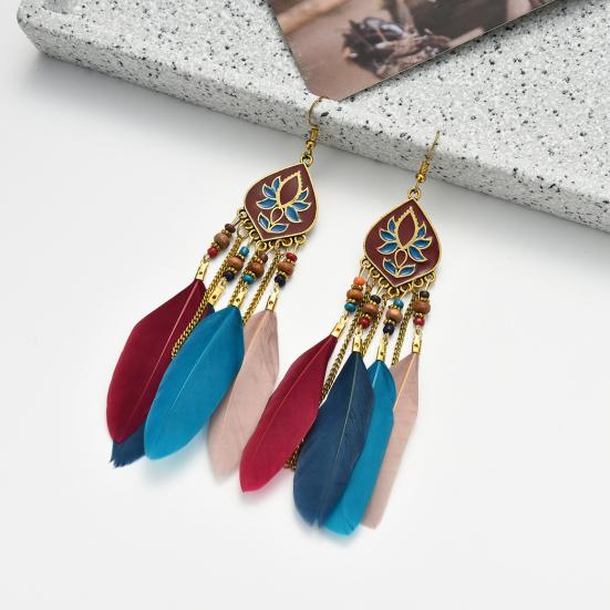 1 Pair Beads Multicolor Retro Drop Earrings Bohemian Long Feather Hook Earrings Party Jewelry