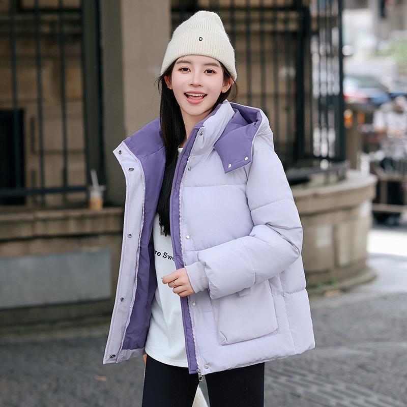 Contrast color cotton-padded clothes Women's short loose student bread clothes Winter new hooded cotton-padded jacket Girlfriend cotton-padded clothes