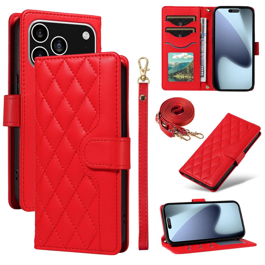 For iPhone 17 Pro Wallet Case Rhombus Leather Phone Cover with Strap